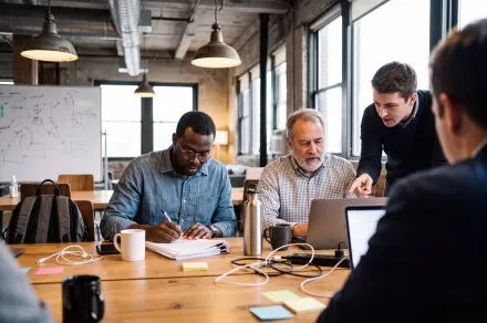 Three men work through a project at a shared table in an industrial loft, one writing notes, one at a laptop and one pointing at the screen