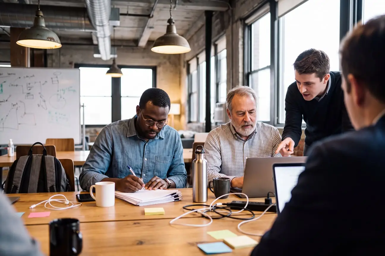 Three men work through a project at a shared table in an industrial loft, one writing notes, one at a laptop and one pointing at the screen