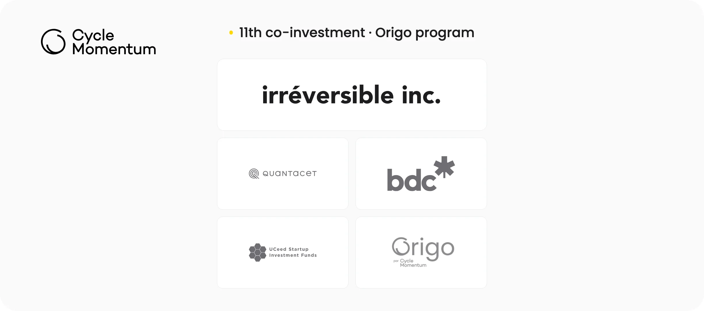 Cycle Momentum's 11th co-investment via the Origo program: Irréversible with co-investors Quantacet, BDC, UCeed and Origo