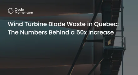 Dismantled wind turbine blades stacked in a transport rack, with the title Wind Turbine Blade Waste in Quebec: The Numbers Behind a 50x Increase
