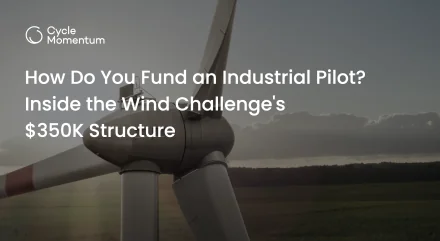 Close-up of a wind turbine nacelle and composite blade root, with the title How Do You Fund an Industrial Pilot? Inside the Wind Challenge's $350K Structure