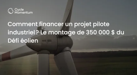 Gros plan sur la nacelle d’une éolienne et le pied d’une pale en composite, avec le titre Comment financer un projet pilote industriel ? Le montage de 350 000 $ du Défi éolien