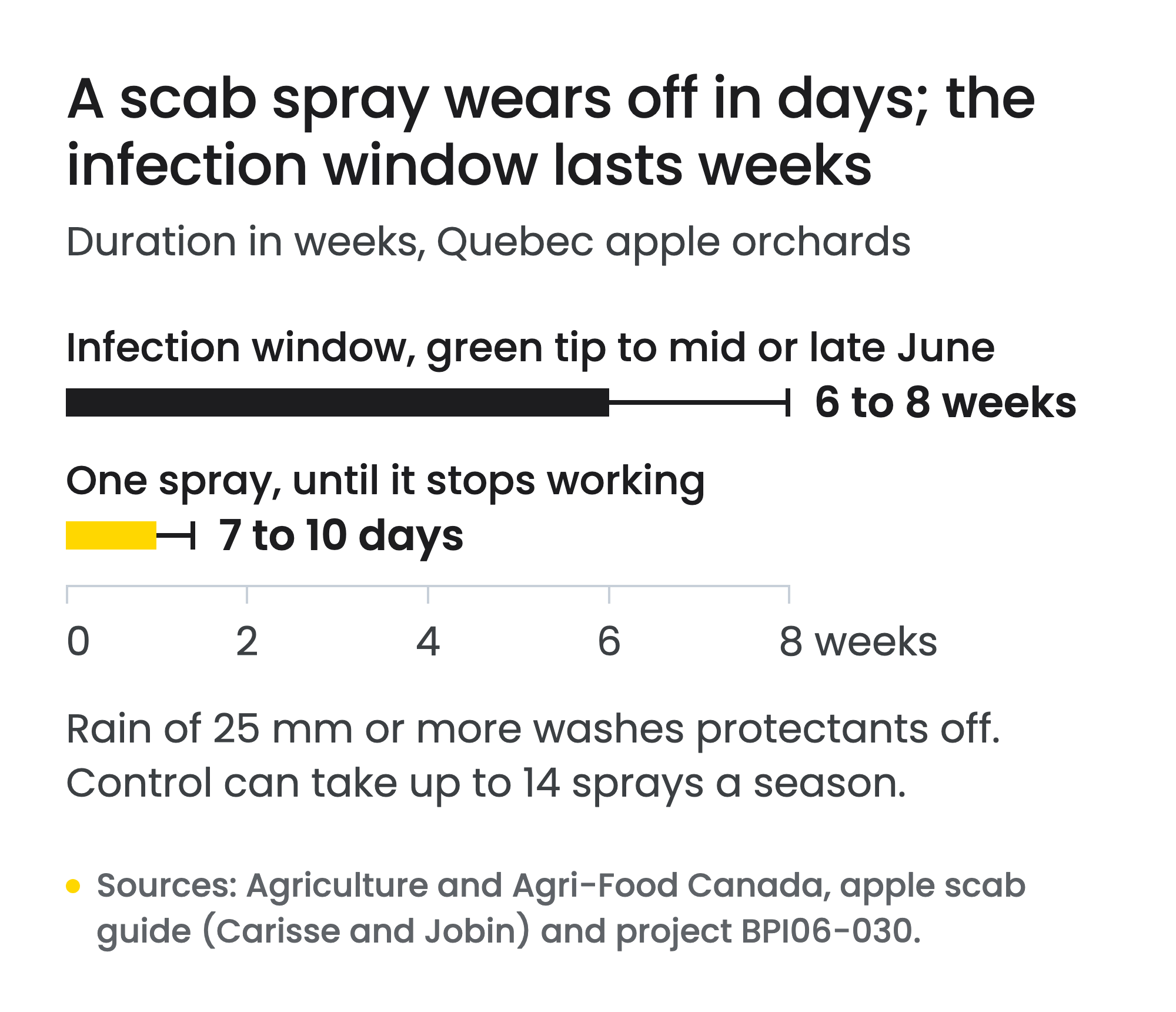 Bar chart on a weeks axis comparing two durations in Quebec apple orchards: the apple scab infection window runs 6 to 8 weeks, from green tip to mid or late June, while one fungicide spray stops working within 7 to 10 days. Rain of 25 mm or more washes protectants off, and control can take up to 14 sprays a season.