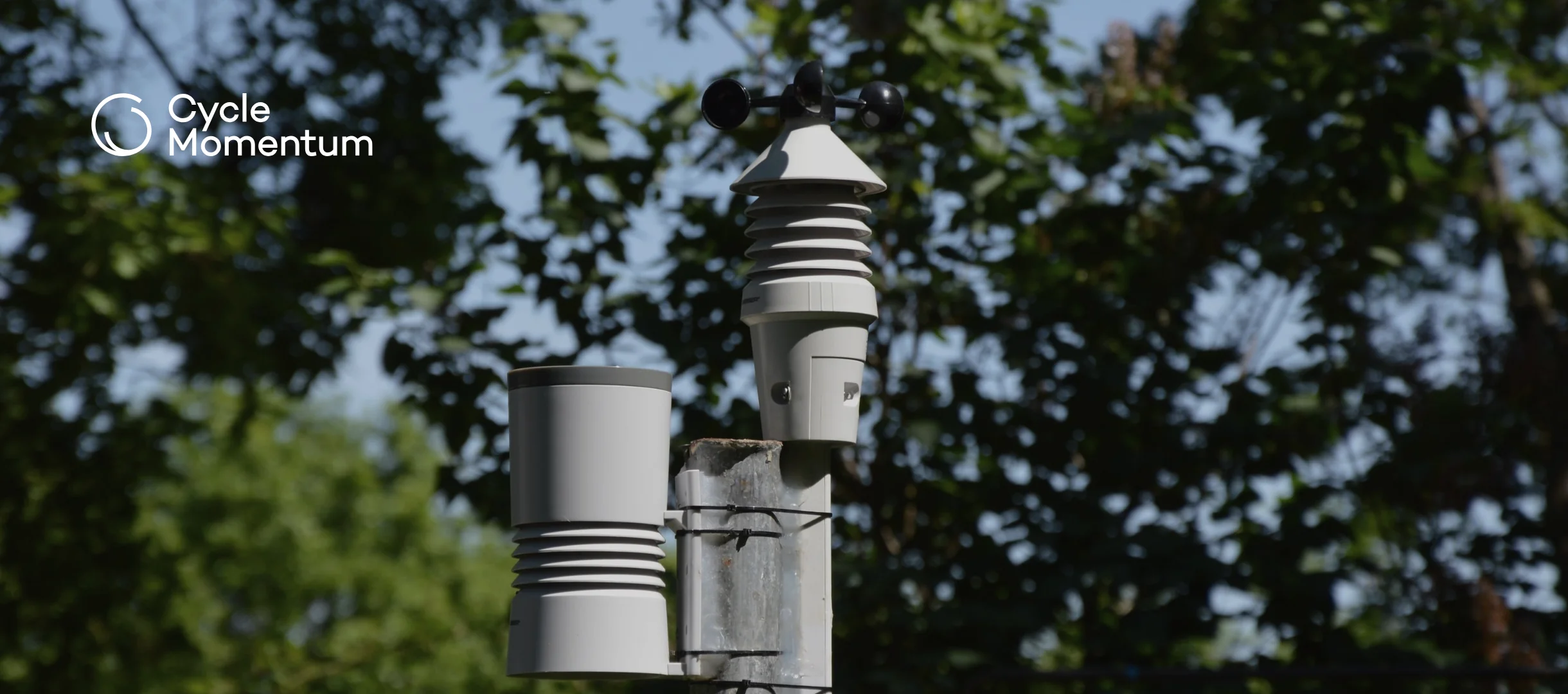 Weather station on a mast with an anemometer, a radiation shield and a rain gauge