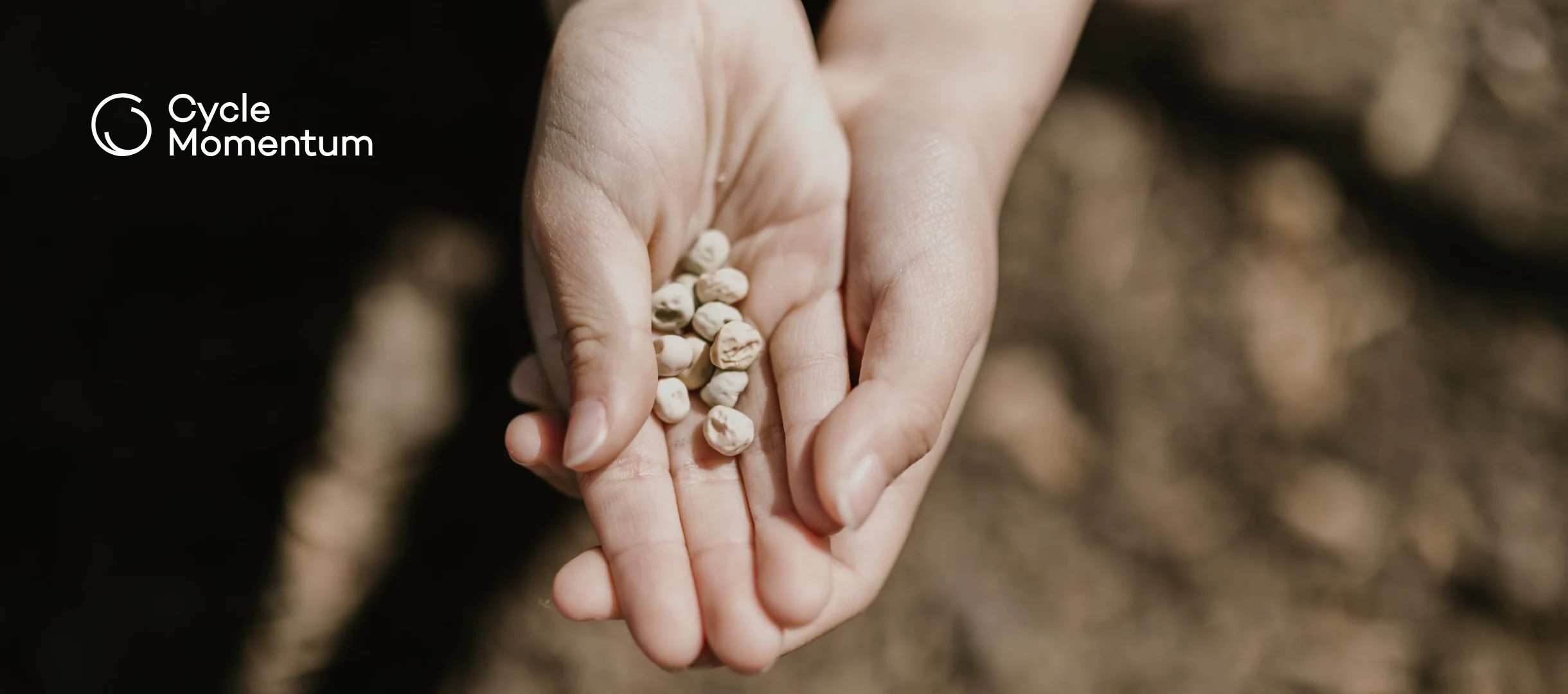 Cupped hands holding seeds above dark soil